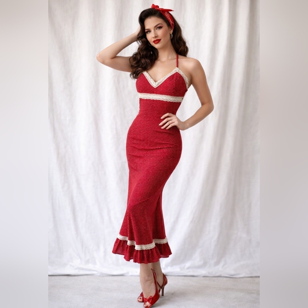 Vintage Maje Pinup Sexy Polka Dot Halter Neck Lace Trim Detail dress S